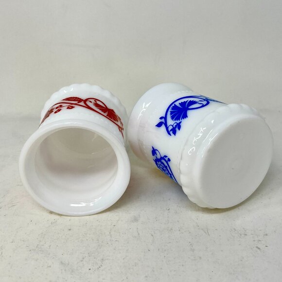 [2] Vintage Hazel Atlas Milk Glass Mustard Spice Jar Red & Blue Sweet Pea Floral - Picture 4 of 5